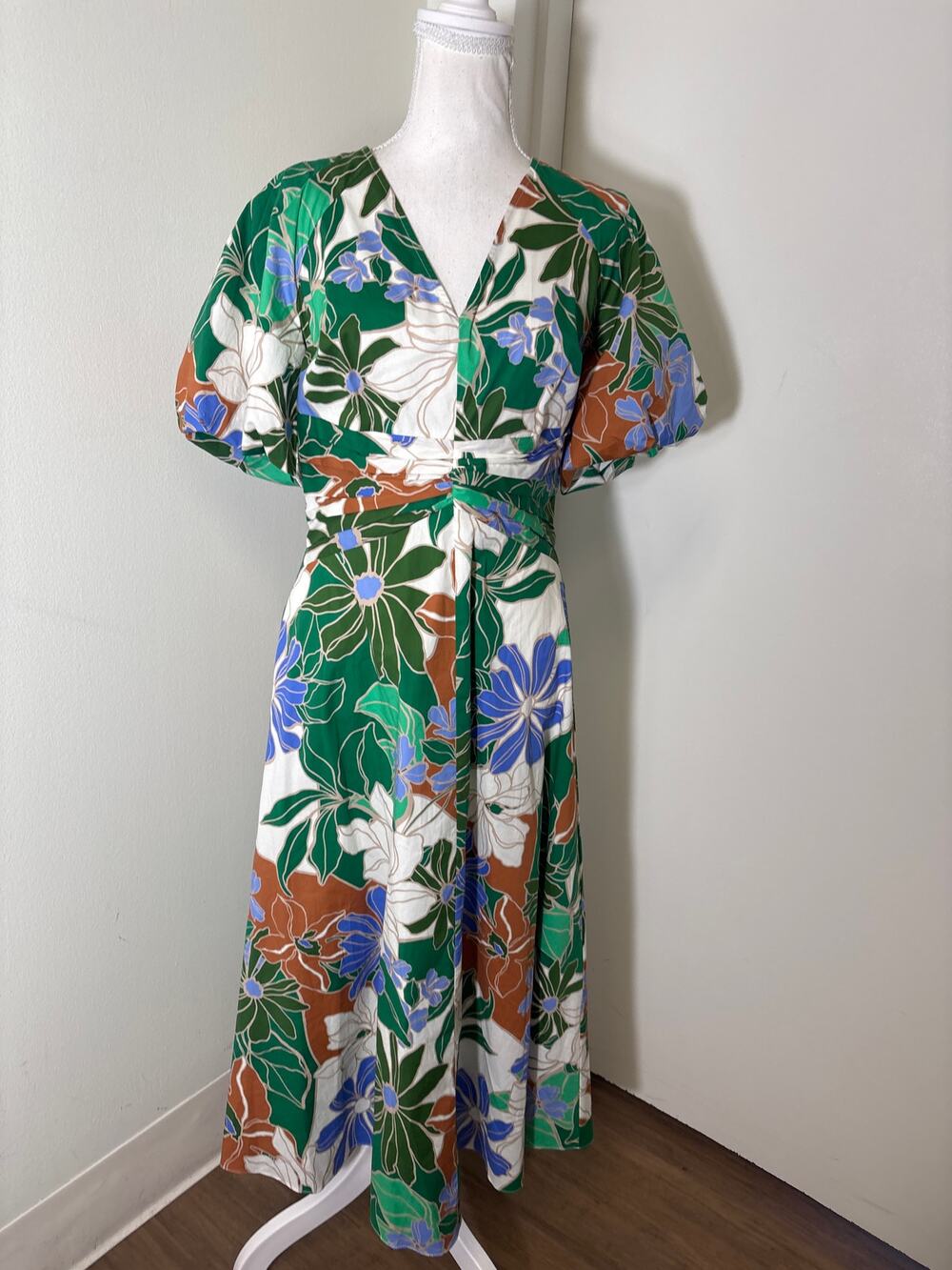 Shoshanna Green Tropical Print Puff Sleeve Cotton V-Neck Maxi Dress Sz 4